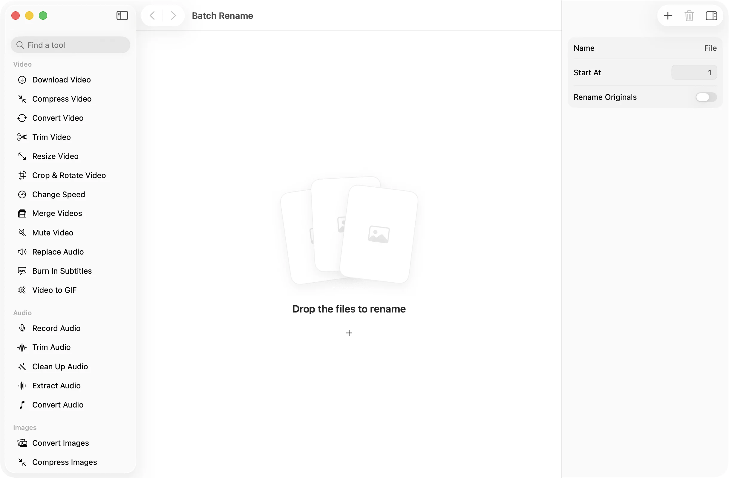 Batch Rename open in OneMacApp, with its settings in the inspector.