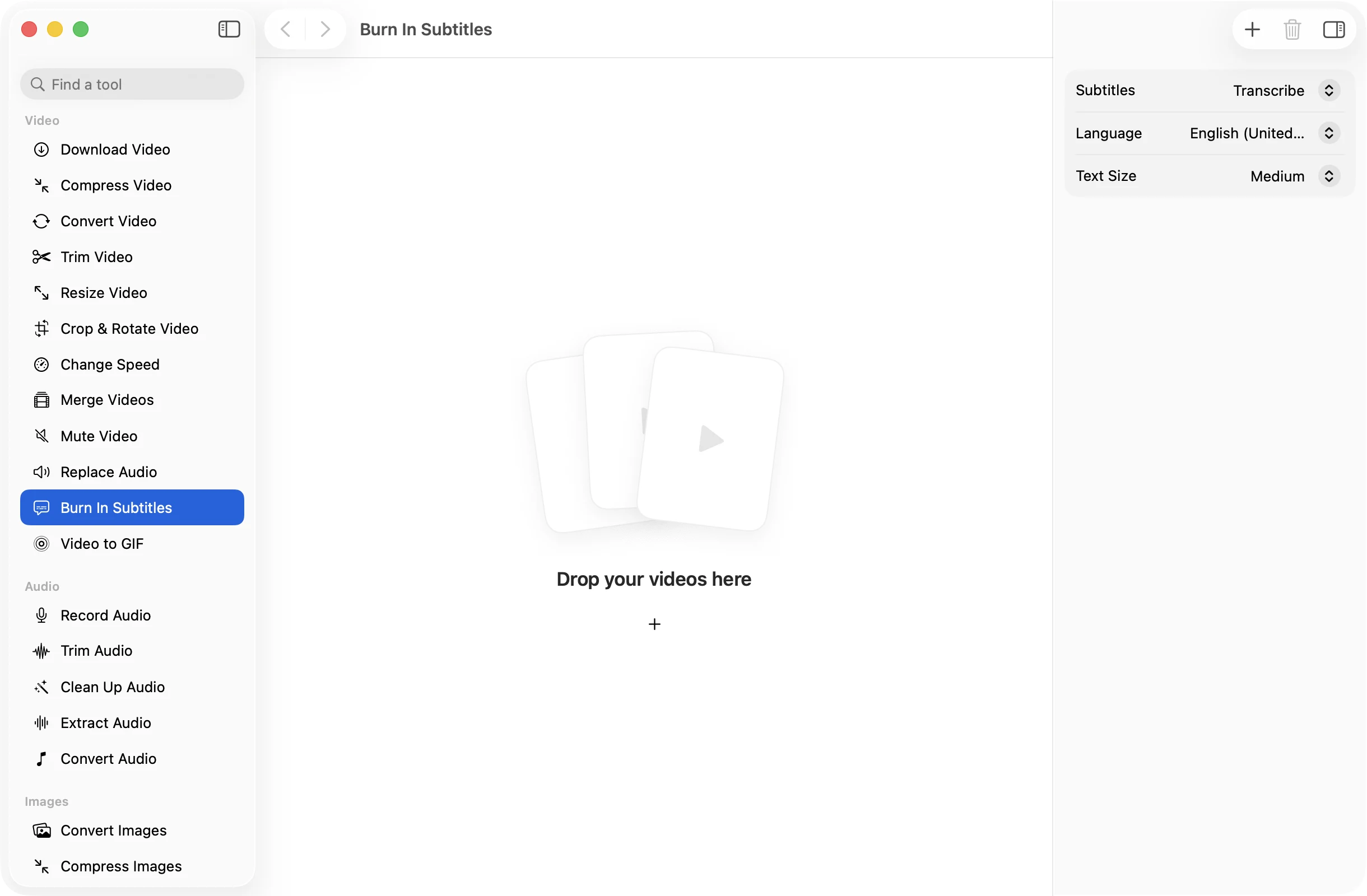 Burn In Subtitles open in OneMacApp, with its settings in the inspector.