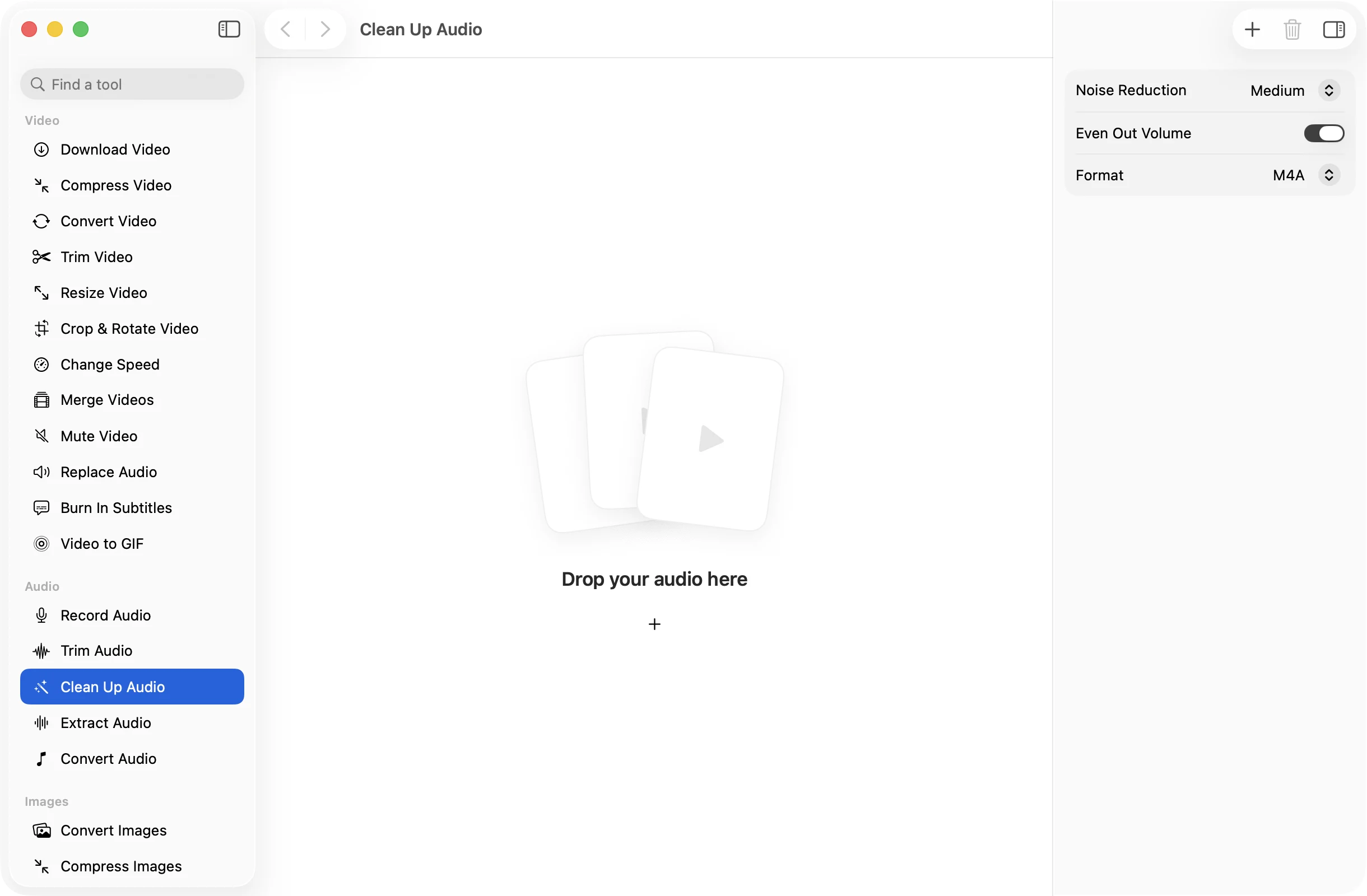 Clean Up Audio open in OneMacApp, with its settings in the inspector.