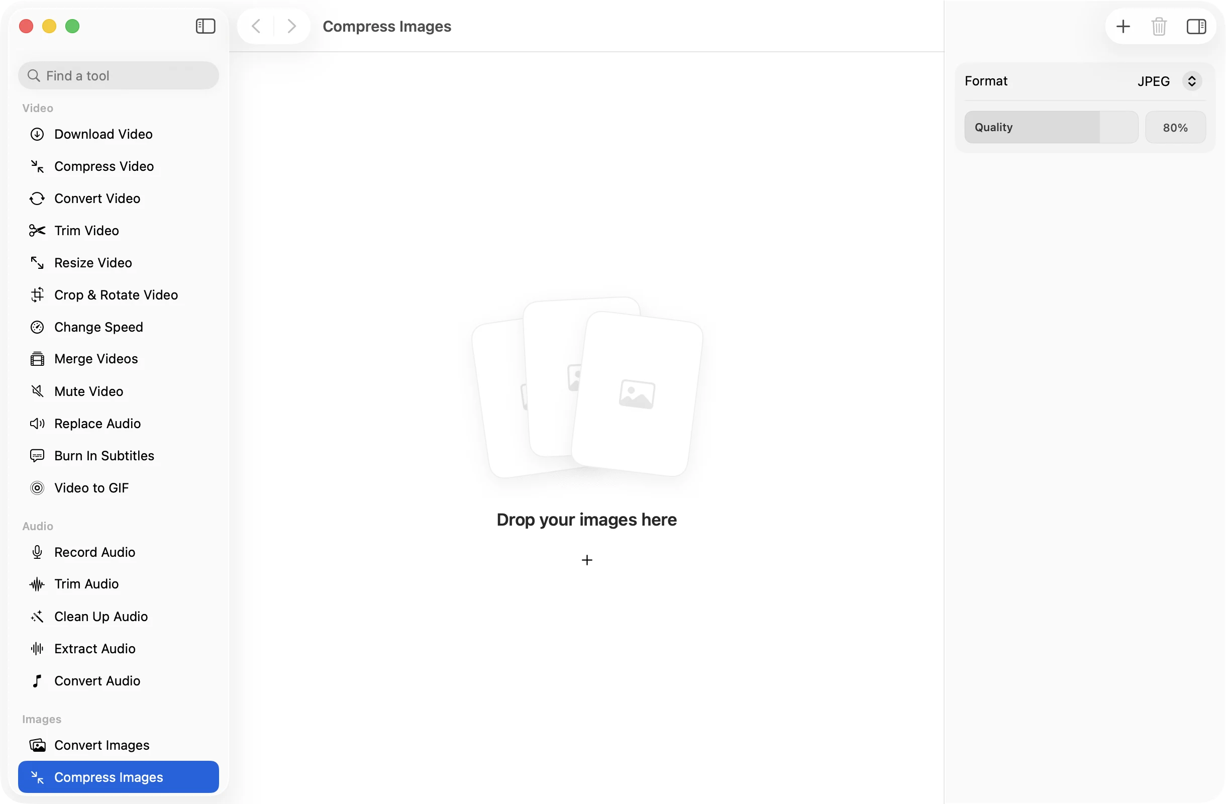 Compress Images open in OneMacApp, with its settings in the inspector.