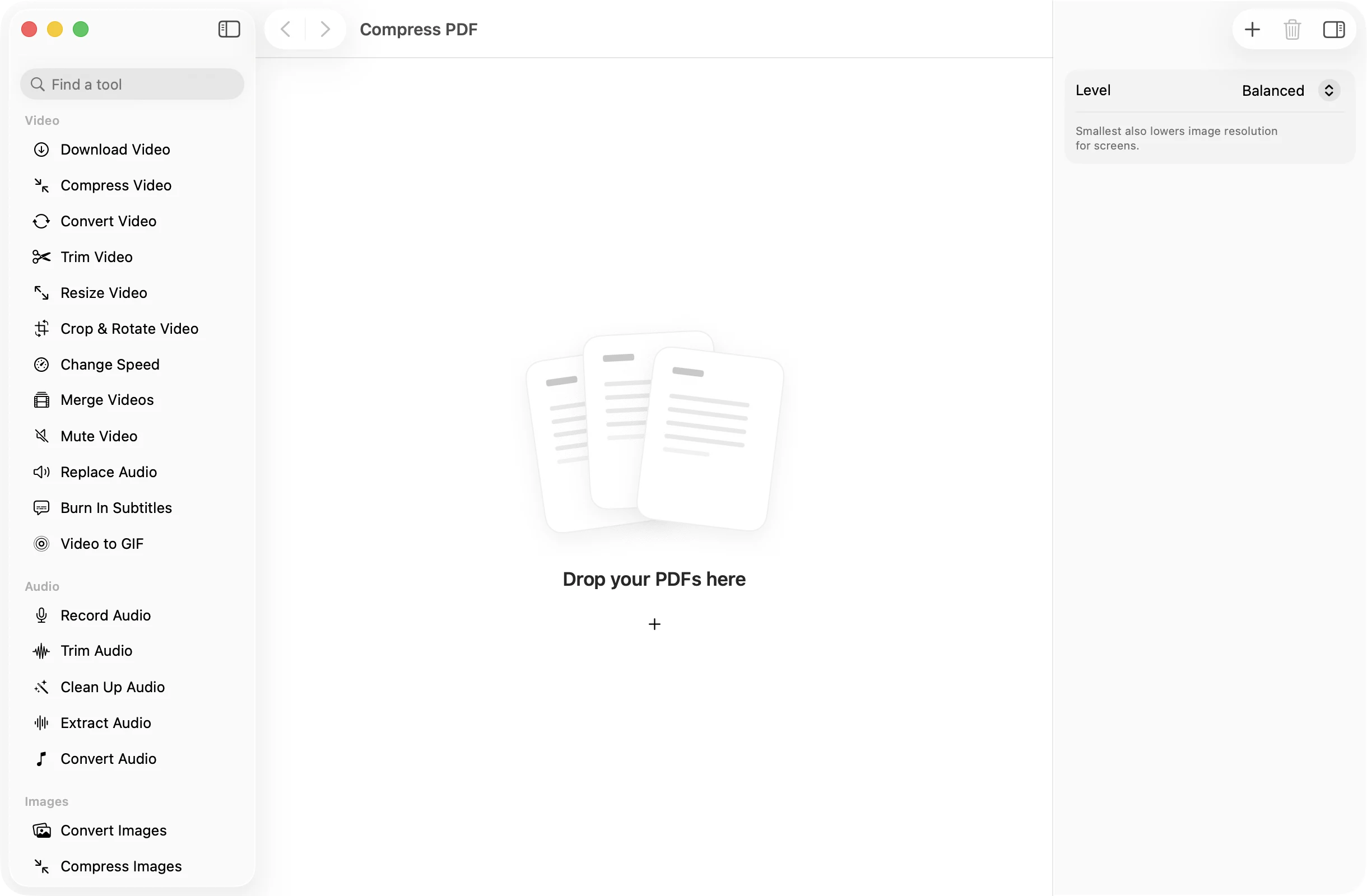 Compress PDF open in OneMacApp, with its settings in the inspector.