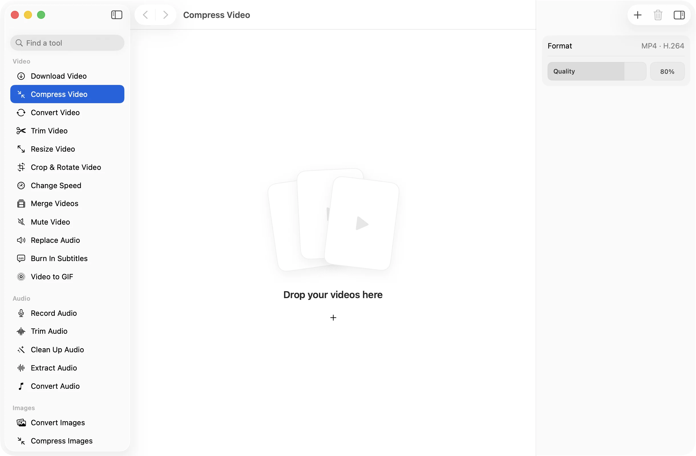 Compress Video open in OneMacApp, with its settings in the inspector.
