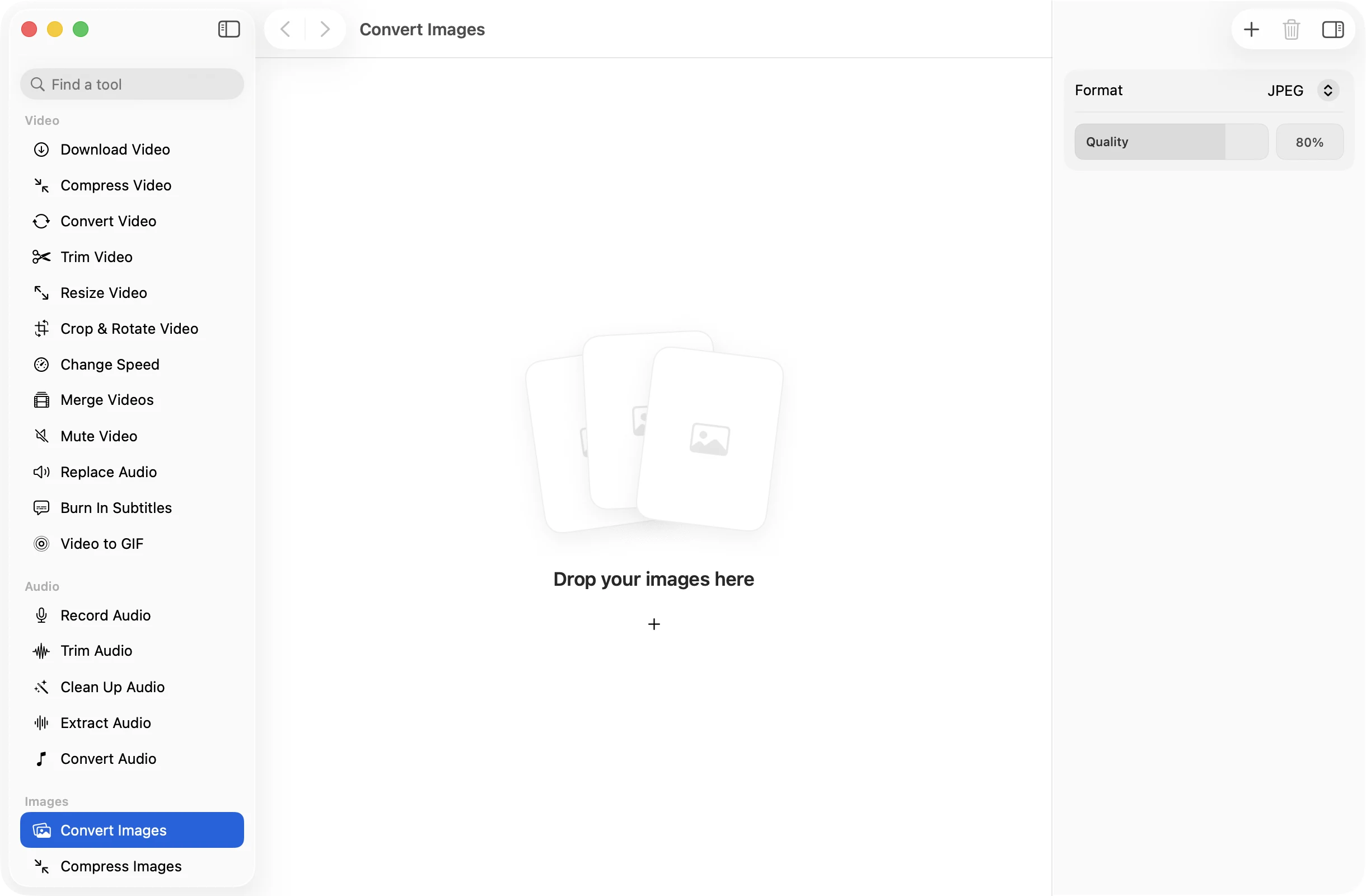 Convert Images open in OneMacApp, with its settings in the inspector.