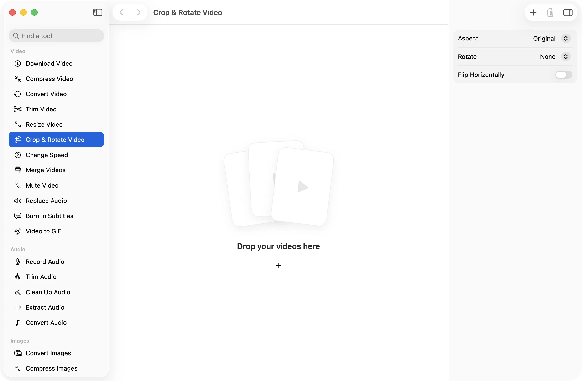 Crop & Rotate Video open in OneMacApp, with its settings in the inspector.