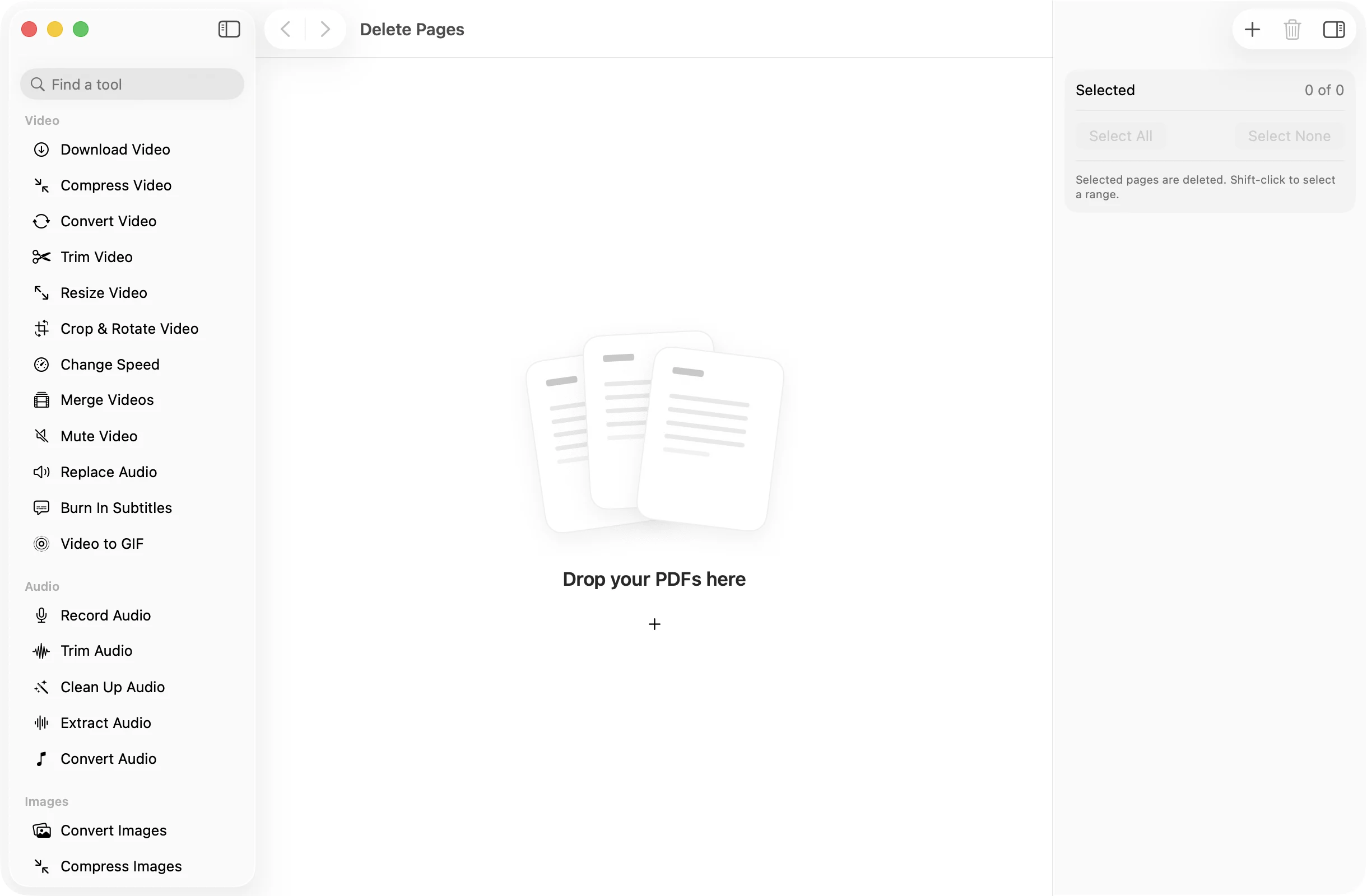 Delete Pages open in OneMacApp, with its settings in the inspector.