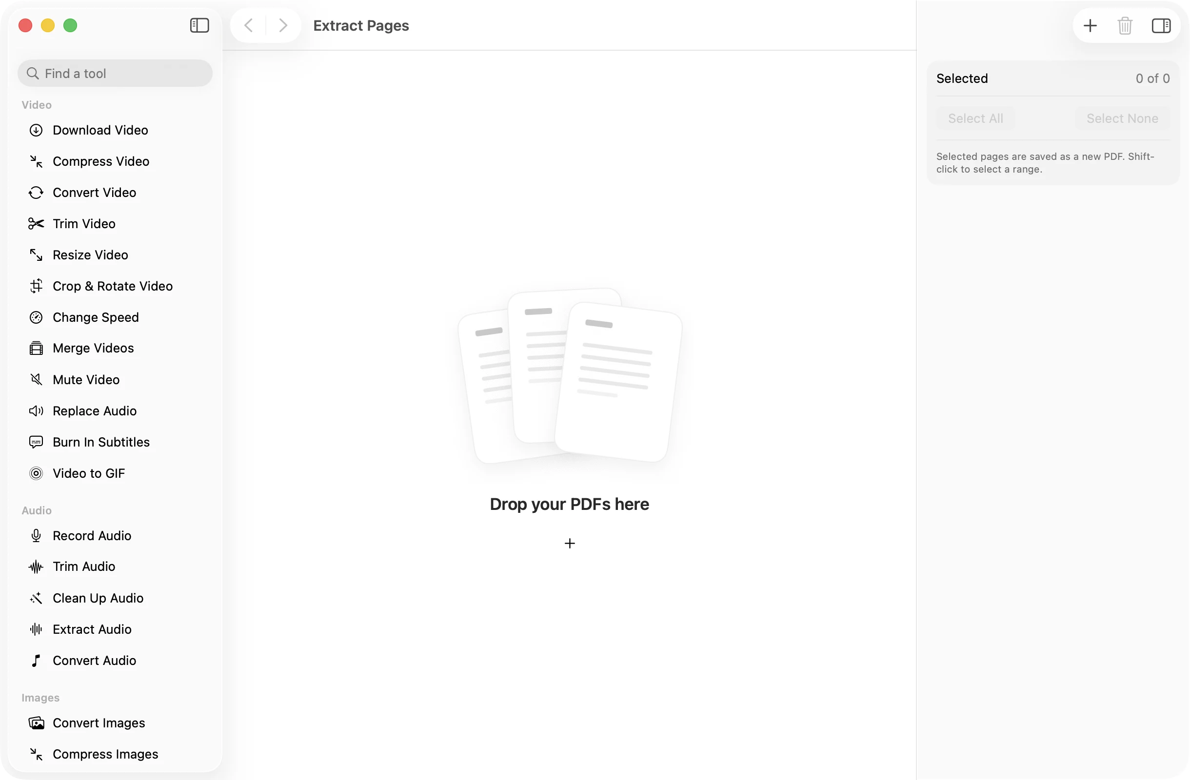 Extract Pages open in OneMacApp, with its settings in the inspector.