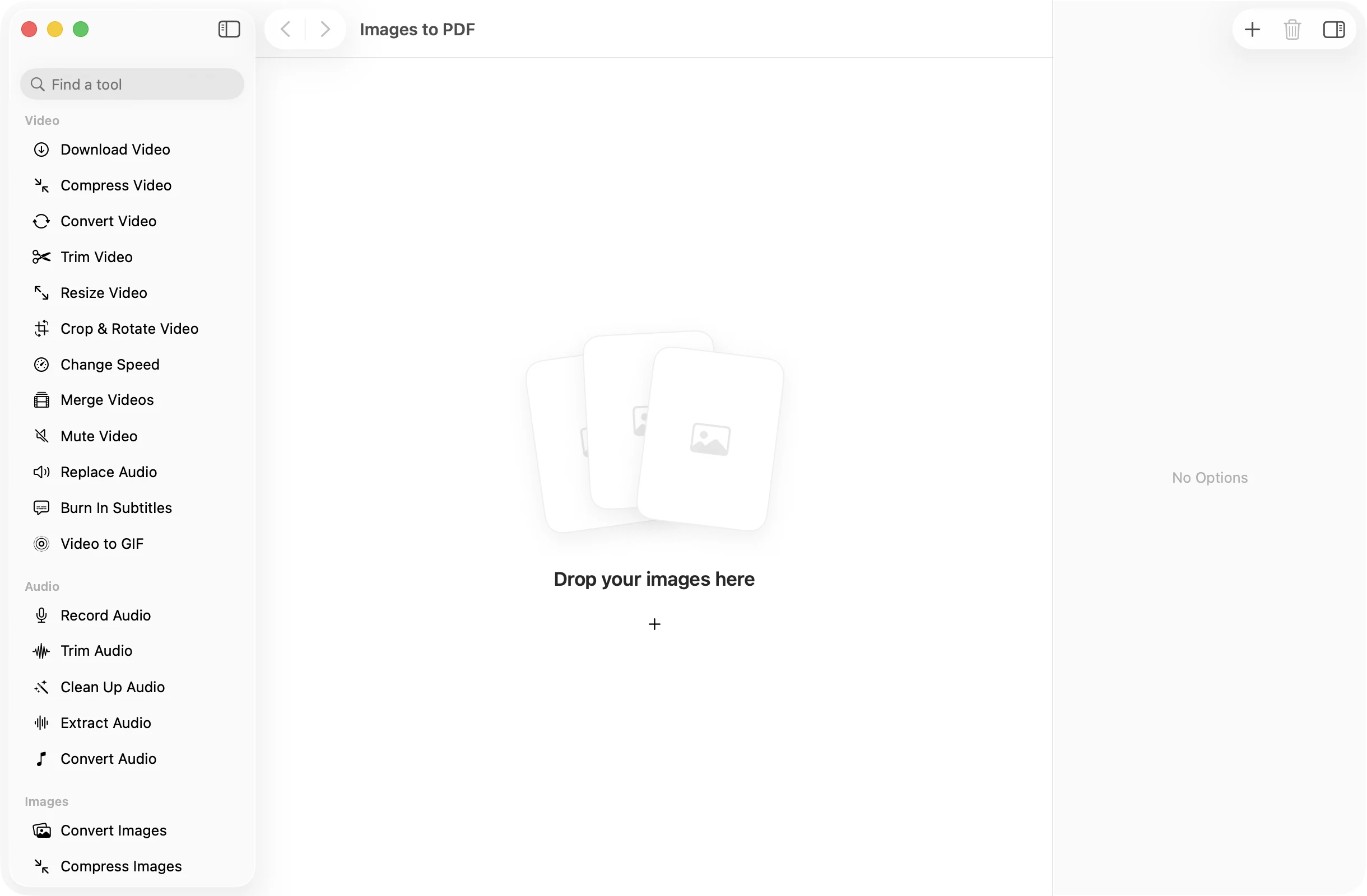 Images to PDF open in OneMacApp, with its settings in the inspector.