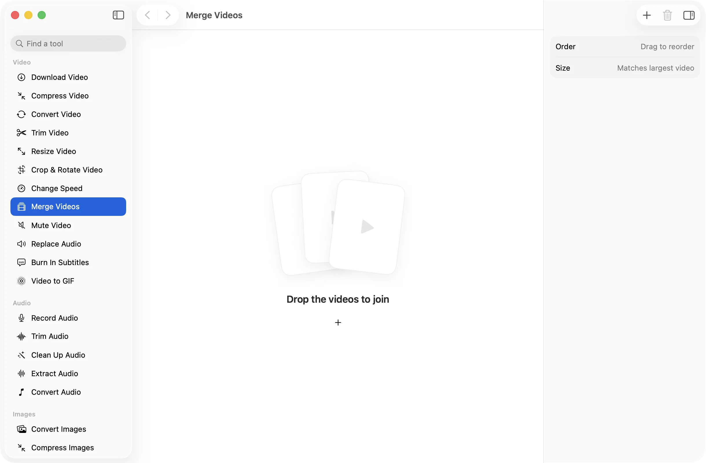 Merge Videos open in OneMacApp, with its settings in the inspector.