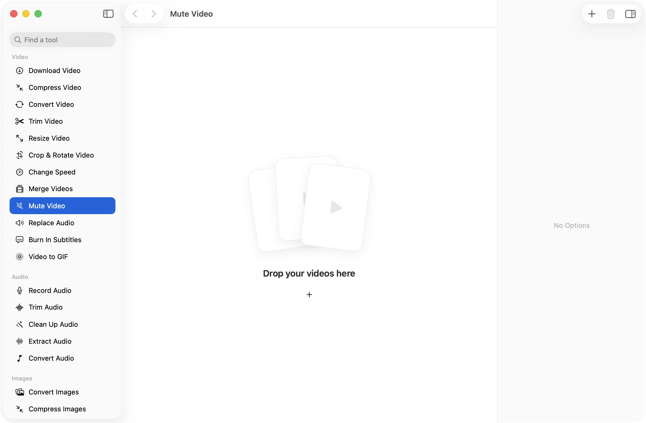 Mute Video open in OneMacApp, with its settings in the inspector.