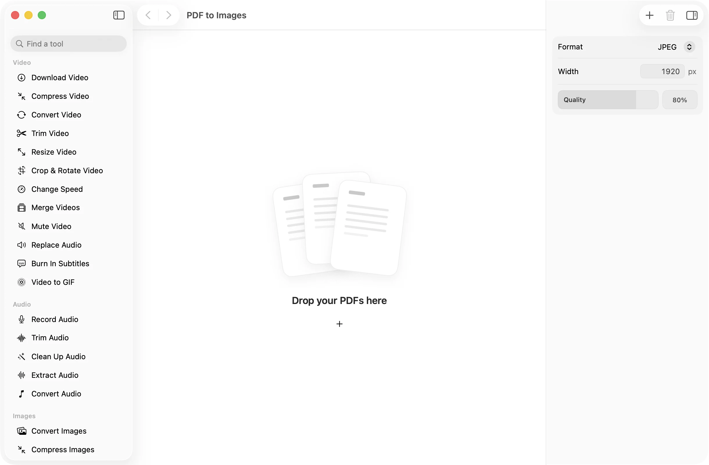 PDF to Images open in OneMacApp, with its settings in the inspector.