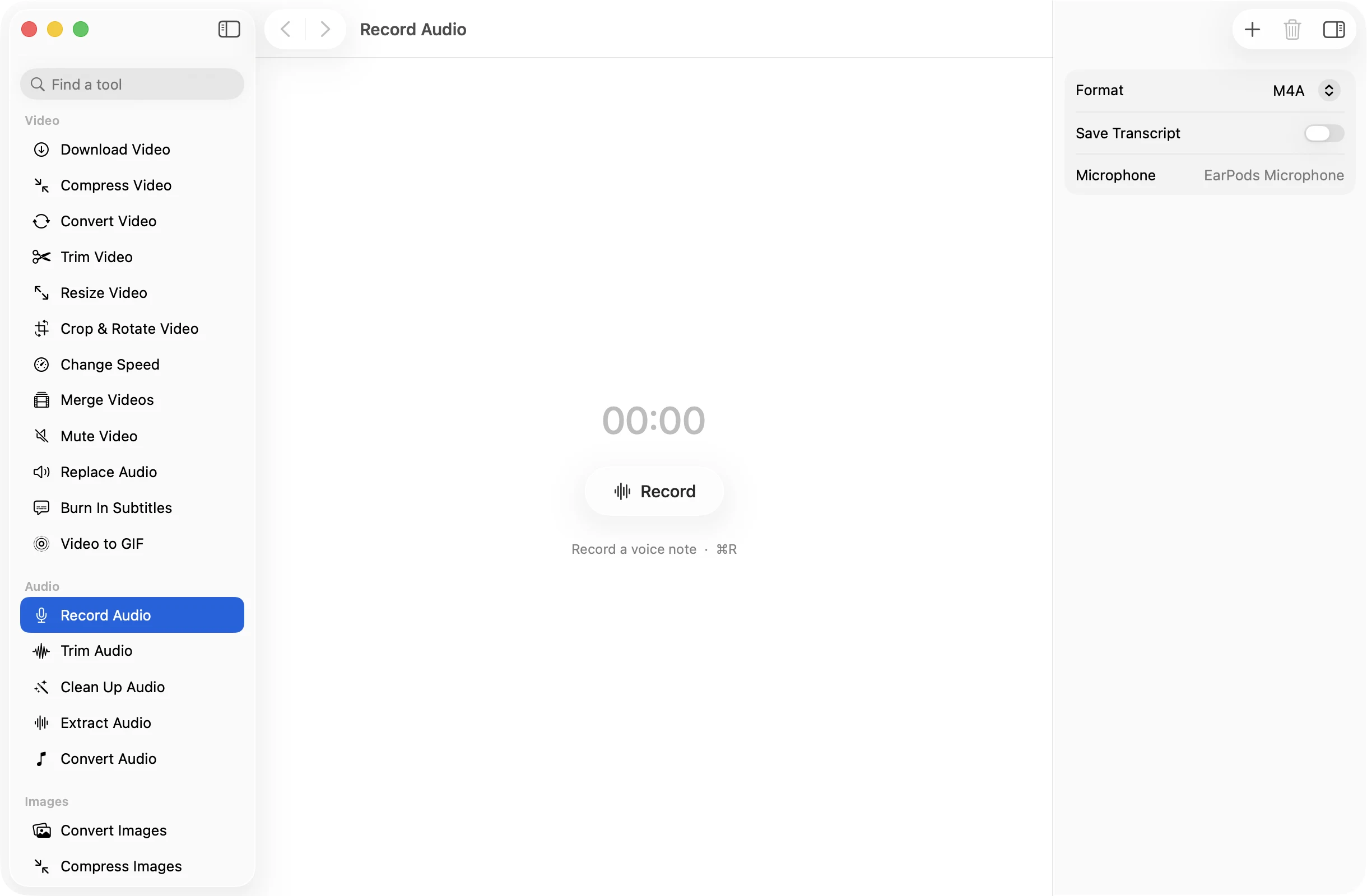 Record Audio open in OneMacApp, with its settings in the inspector.