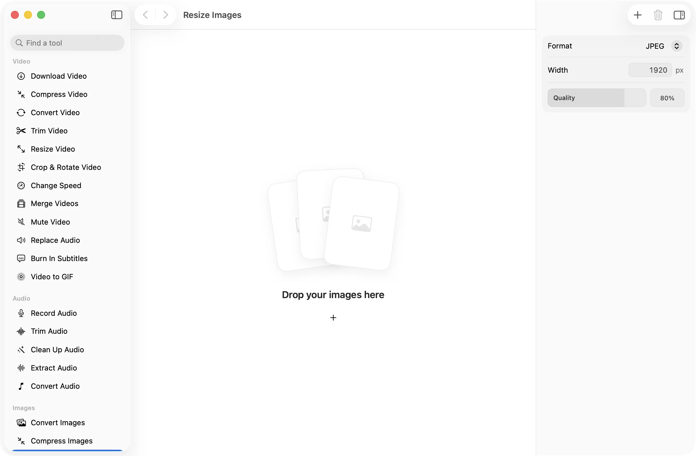 Resize Images open in OneMacApp, with its settings in the inspector.