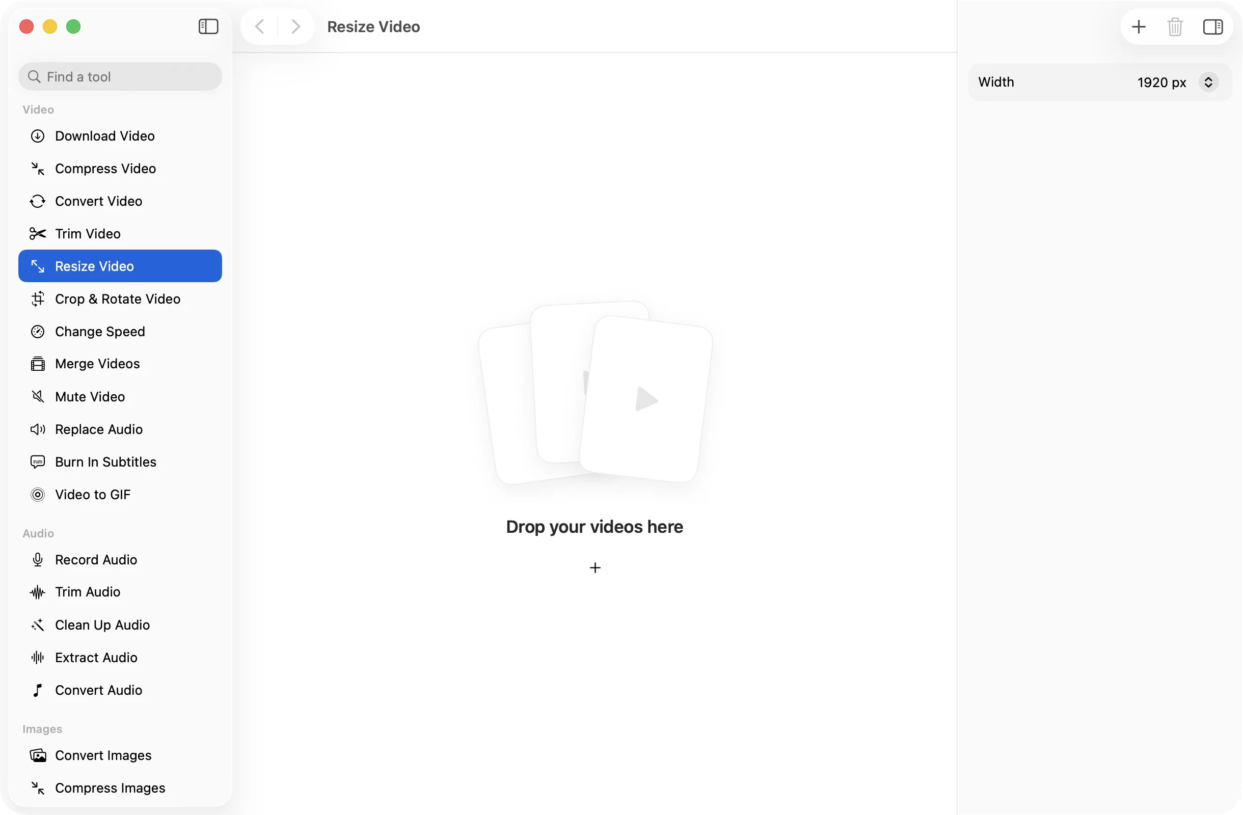 Resize Video open in OneMacApp, with its settings in the inspector.