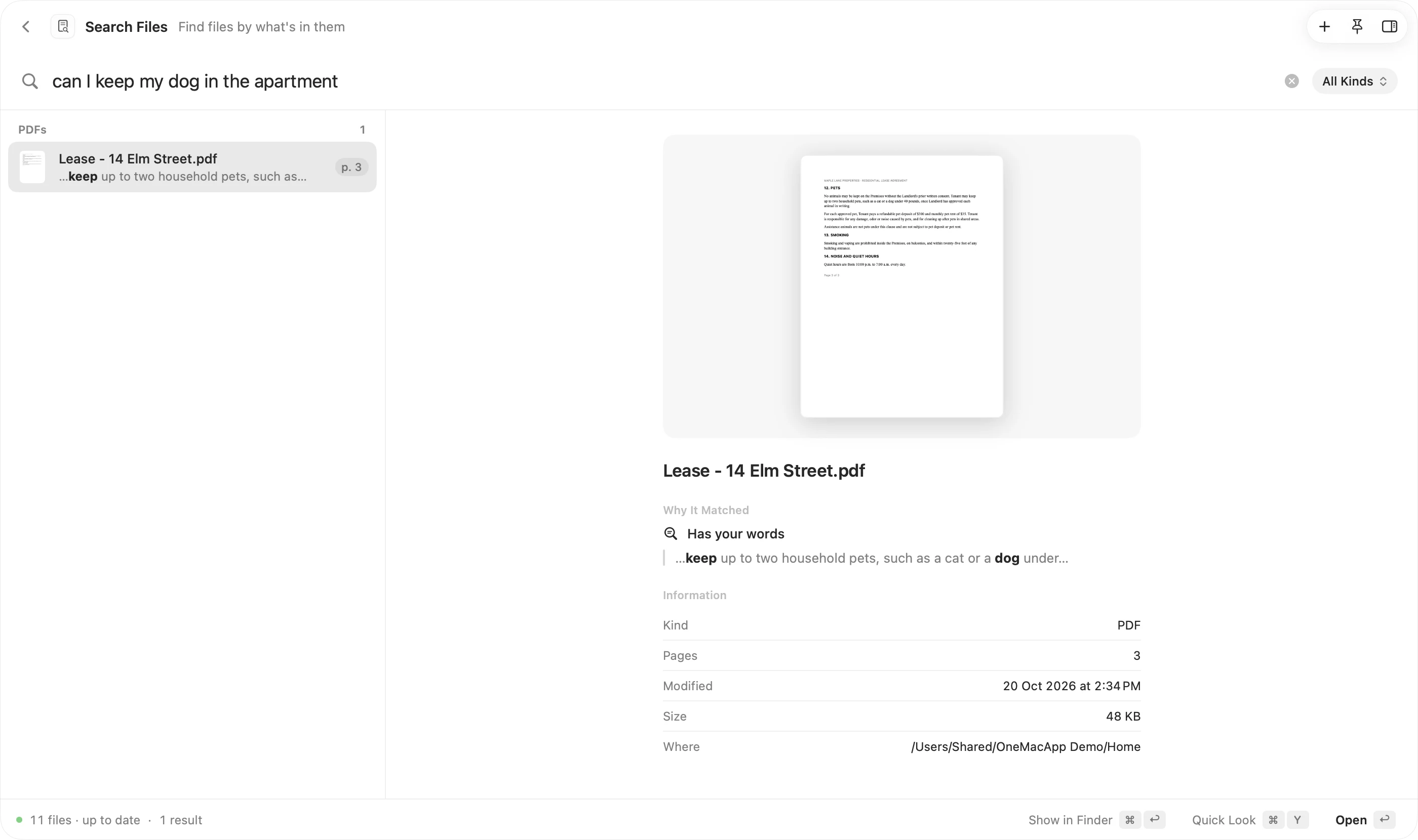 Search Files open in OneMacApp, with its settings in the inspector.