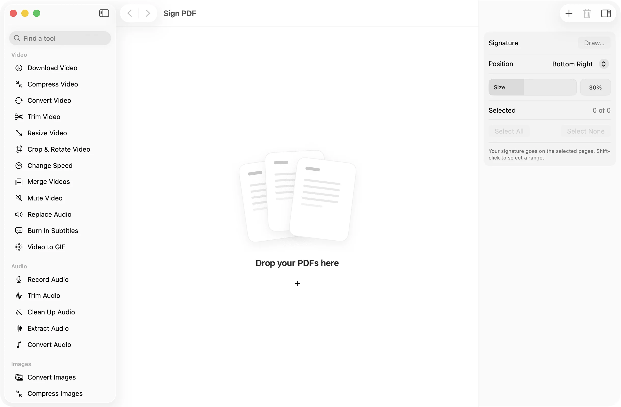 Sign PDF open in OneMacApp, with its settings in the inspector.