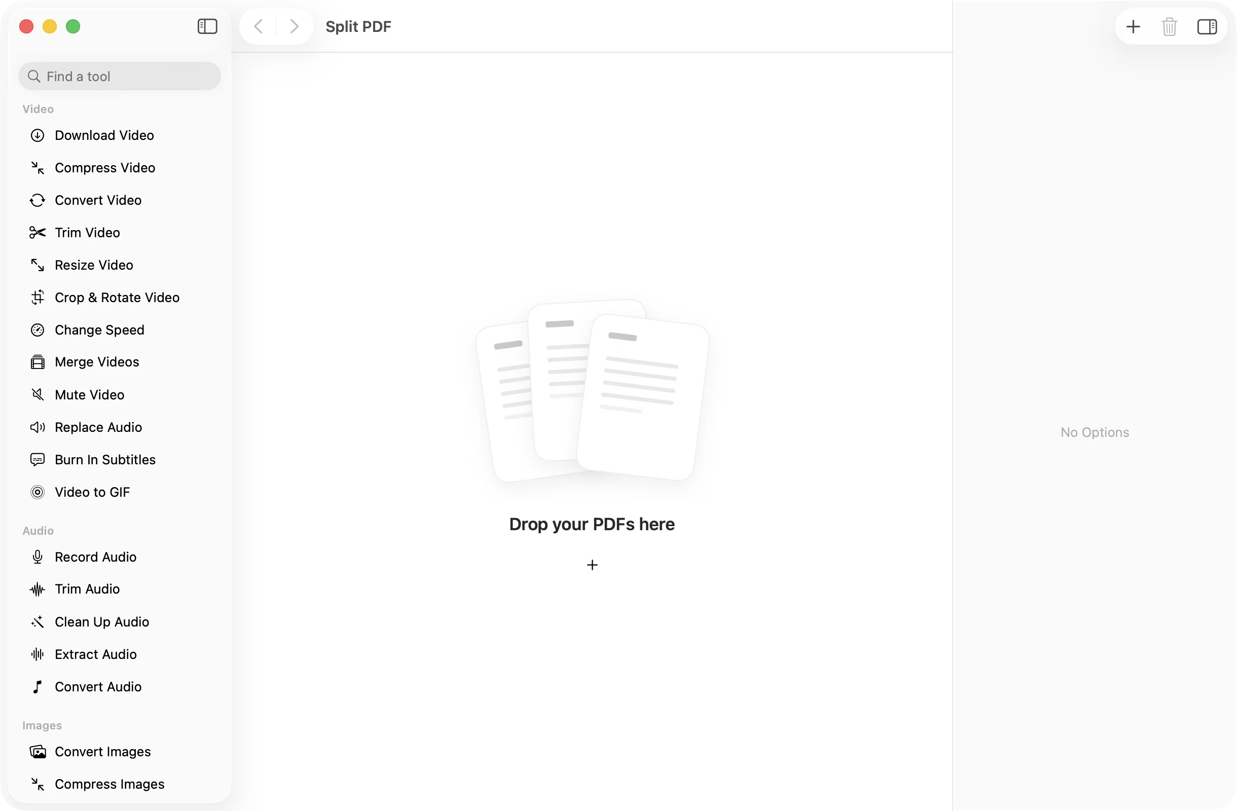 Split PDF open in OneMacApp, with its settings in the inspector.