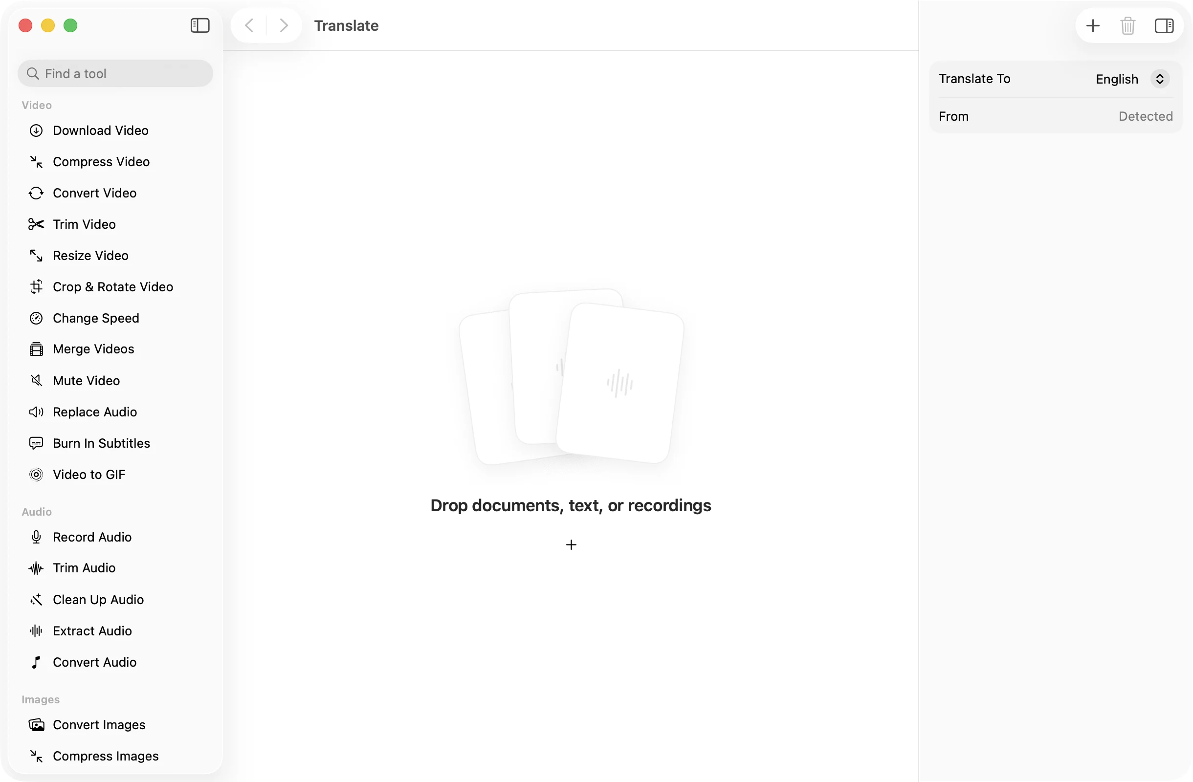 Translate open in OneMacApp, with its settings in the inspector.