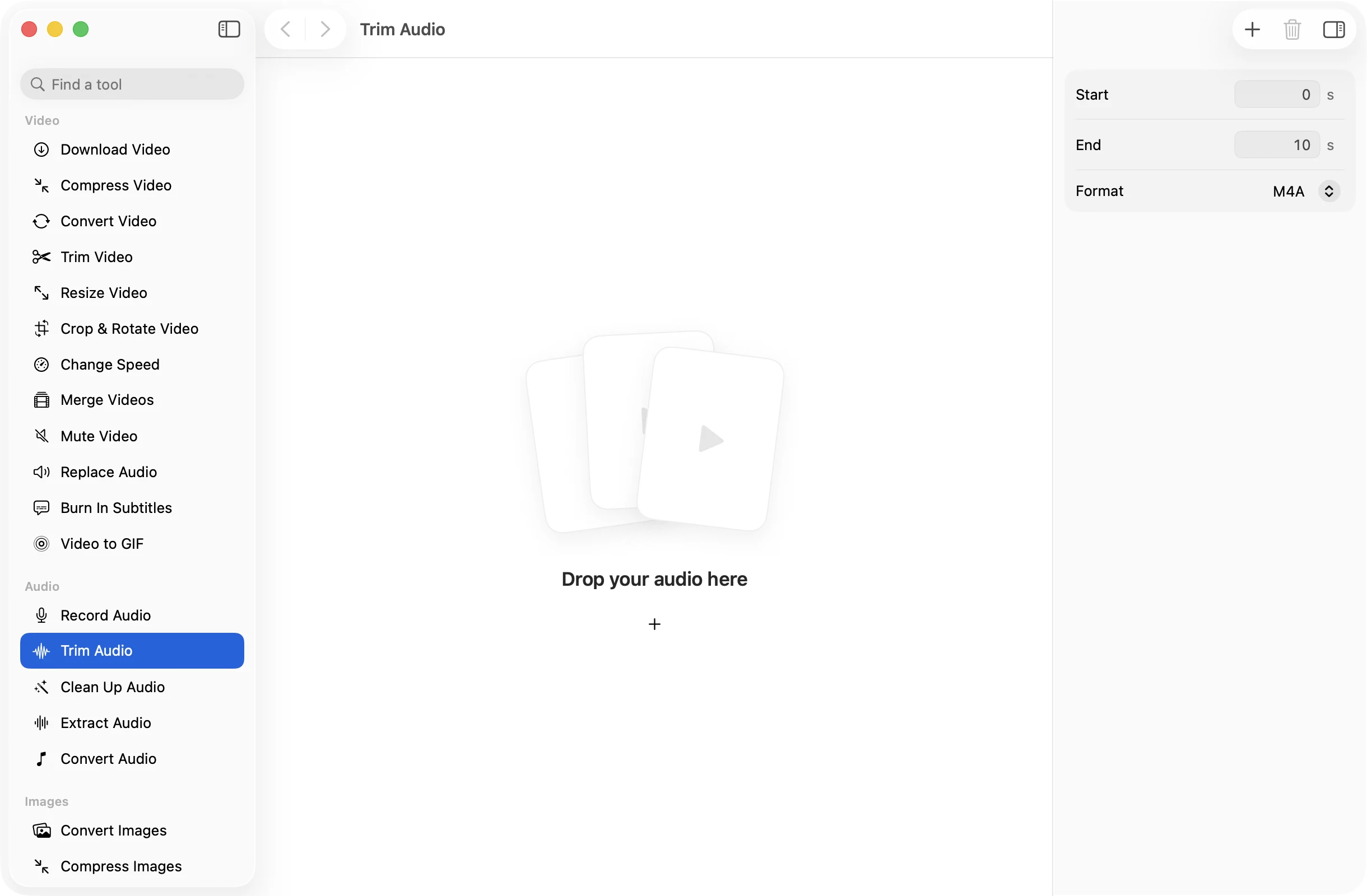 Trim Audio open in OneMacApp, with its settings in the inspector.