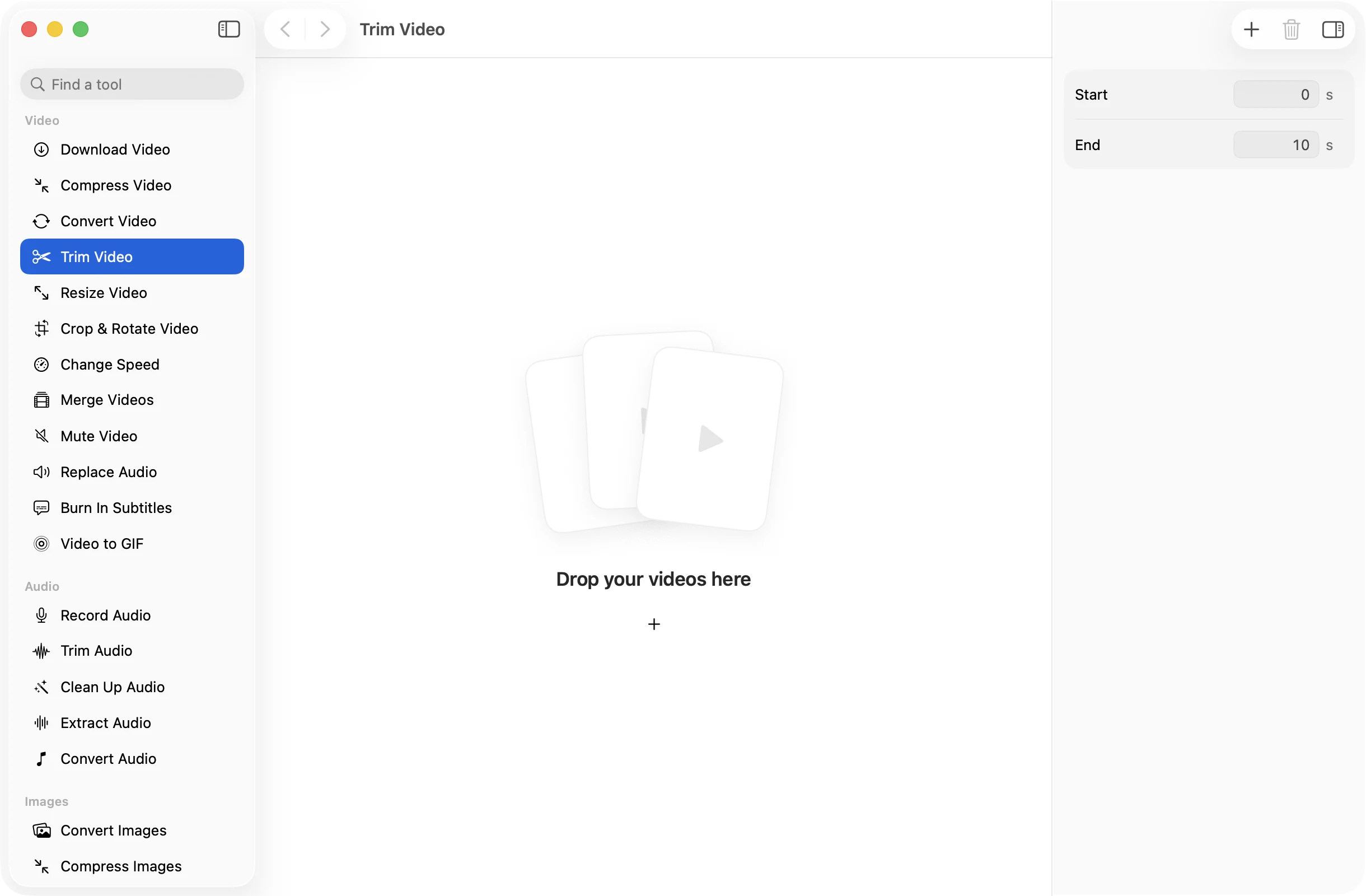 Trim Video open in OneMacApp, with its settings in the inspector.