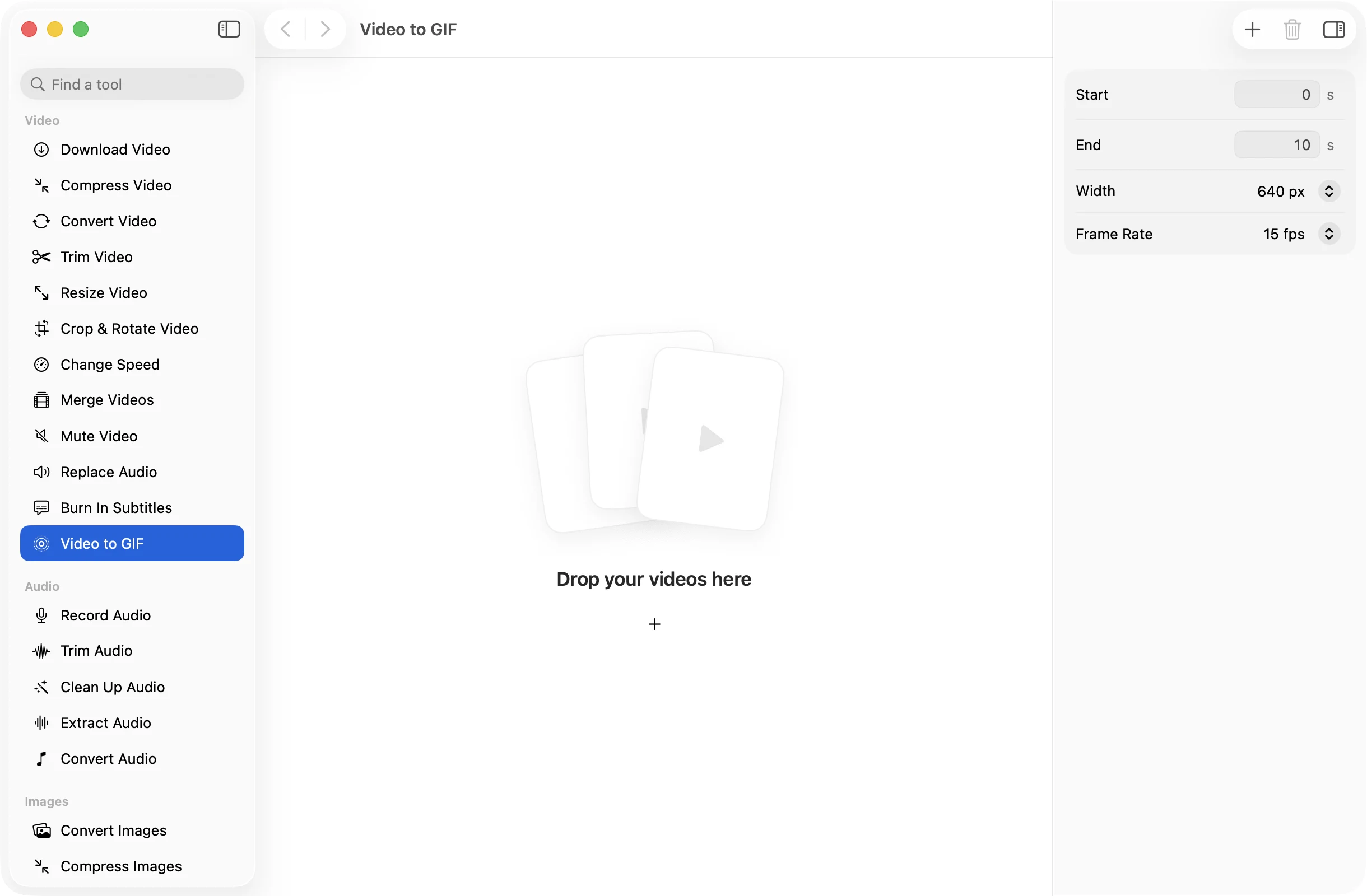 Video to GIF open in OneMacApp, with its settings in the inspector.